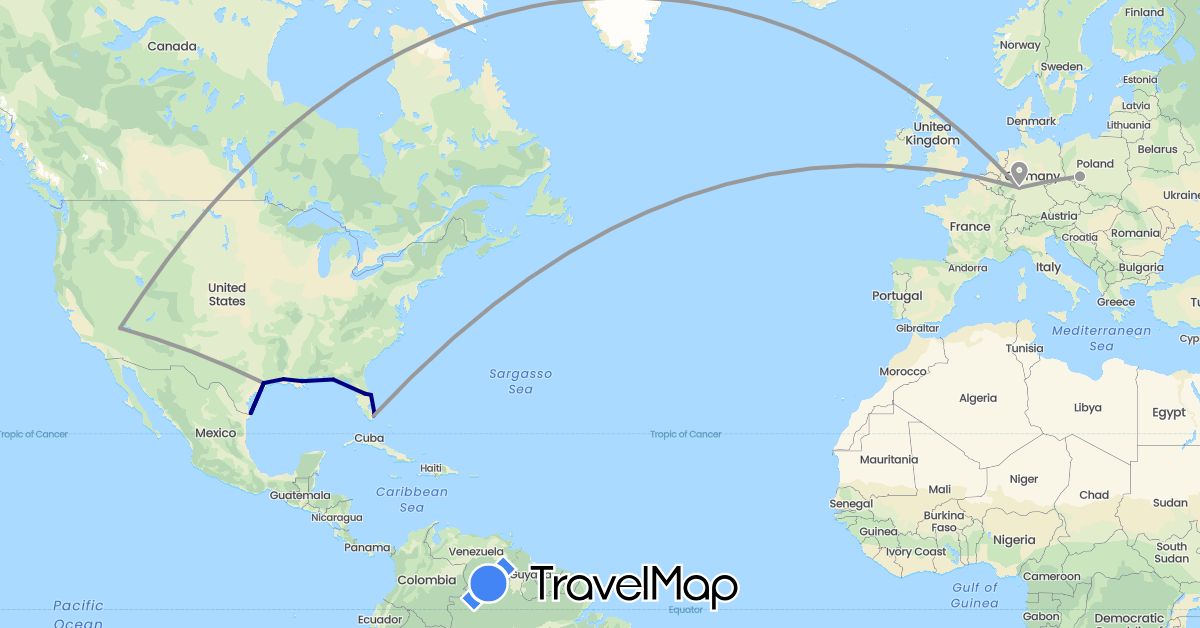 TravelMap itinerary: driving, plane in Germany, Poland, United States (Europe, North America)